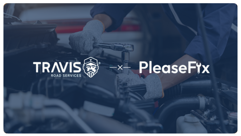 TRAVIS Road Services and PleaseFix partnership logo displayed on a dark blue background