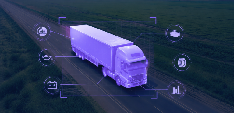 Predictive maintenance visualization showing a connected semi-truck on a highway with AI-powered diagnostics, real-time vehicle monitoring, and smart fleet maintenance technology.