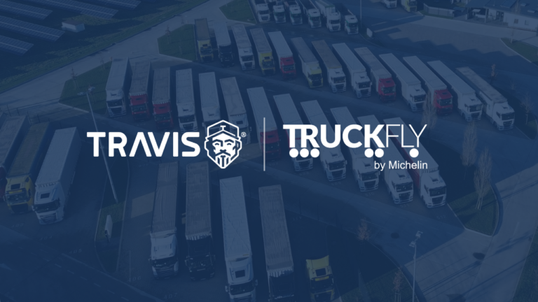 Truckfly and TRAVIS partnership banner over an aerial view of parked trucks, showing both logos and highlighting collaboration in truck services across Europe.