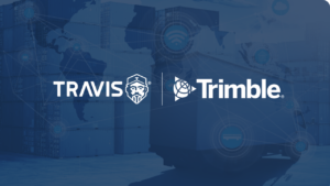 TRAVIS and Trimble partnership banner announcing the integration of Trimble CoPilot with TRAVIS secure truck parking services across Europe.