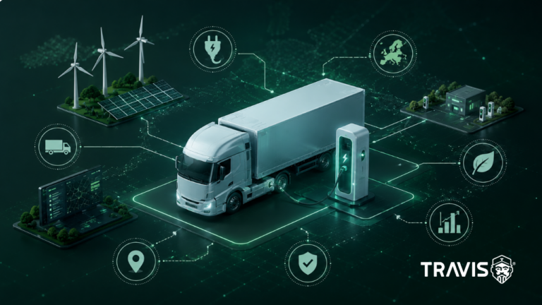 Illustration of a heavy-duty electric truck charging at a high-power truck charging station, connected to a digital network showing renewable energy, fleet management, location tracking, sustainability, and Europe-wide truck charging infrastructure.
