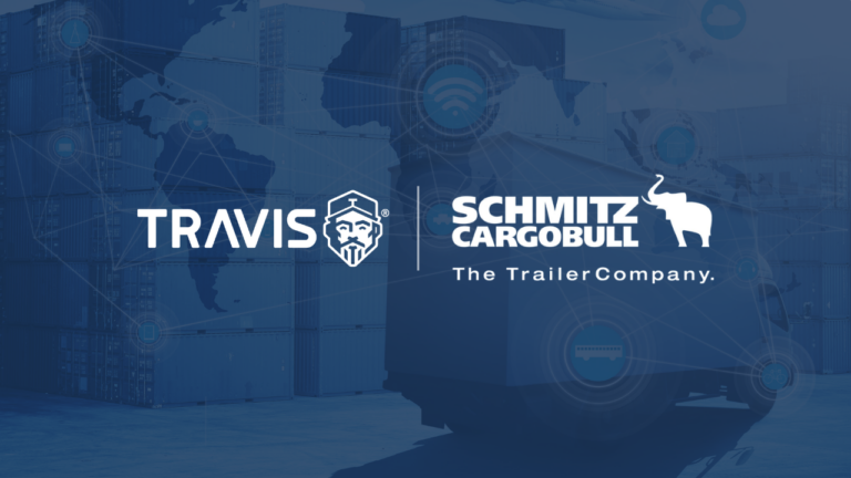 Schmitz Cargobull and TRAVIS logos displayed on a digital logistics background representing the integration of TrailerConnect® with truck wash and secure parking services across Europe.